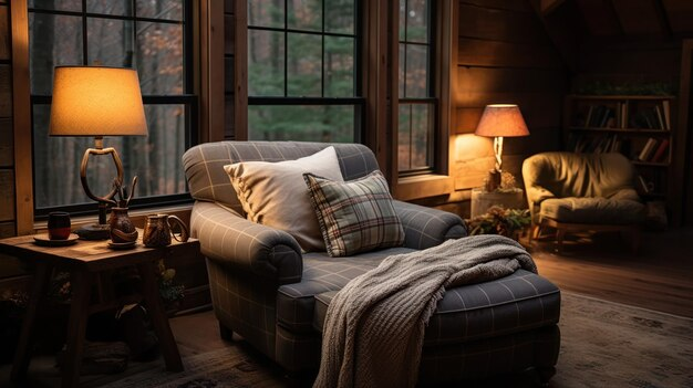 Уютная гостиная с мягким креслом, приставным столиком и освещенными лампами на фоне больших окон.