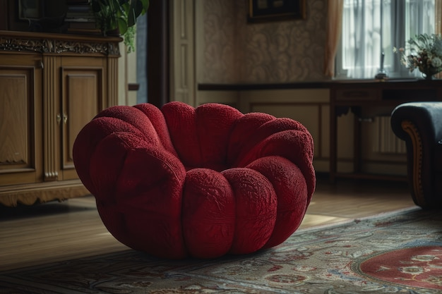 Уютное красное плюшевое кресло стоит в тепло освещенной комнате, оформленной в винтажном стиле.