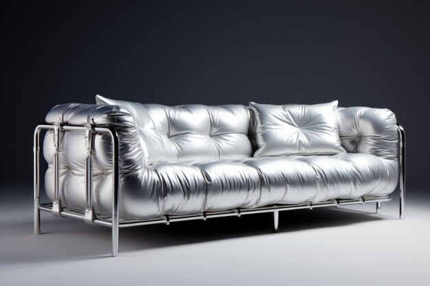 Современный серебристый металлический диван с блестящим тафтингом и двумя подушками в тон.