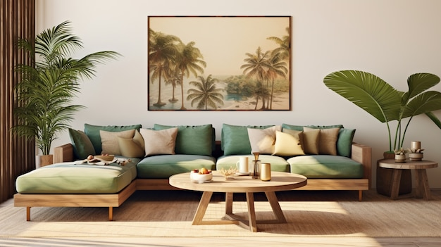 В стильной гостиной есть зеленый диван с деревянными вставками, тропические растения и пейзаж с пальмами в рамке на стене.