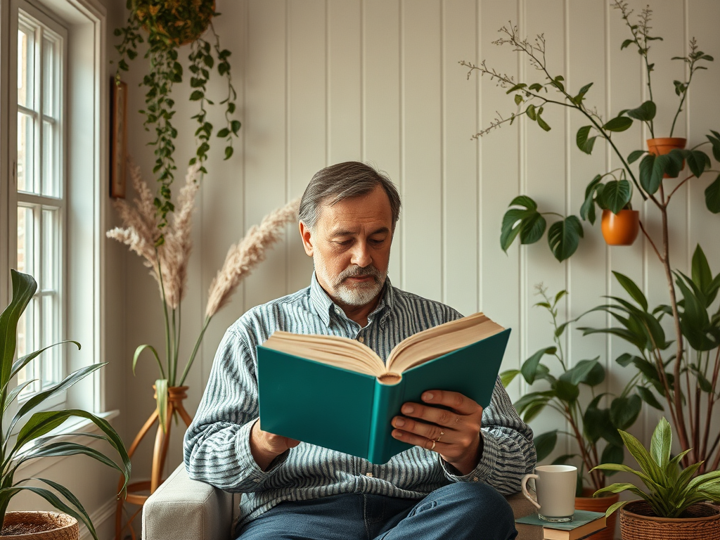Мужчина читает книгу в уютной комнате с растениями и окном, на столе стоит чашка кофе.