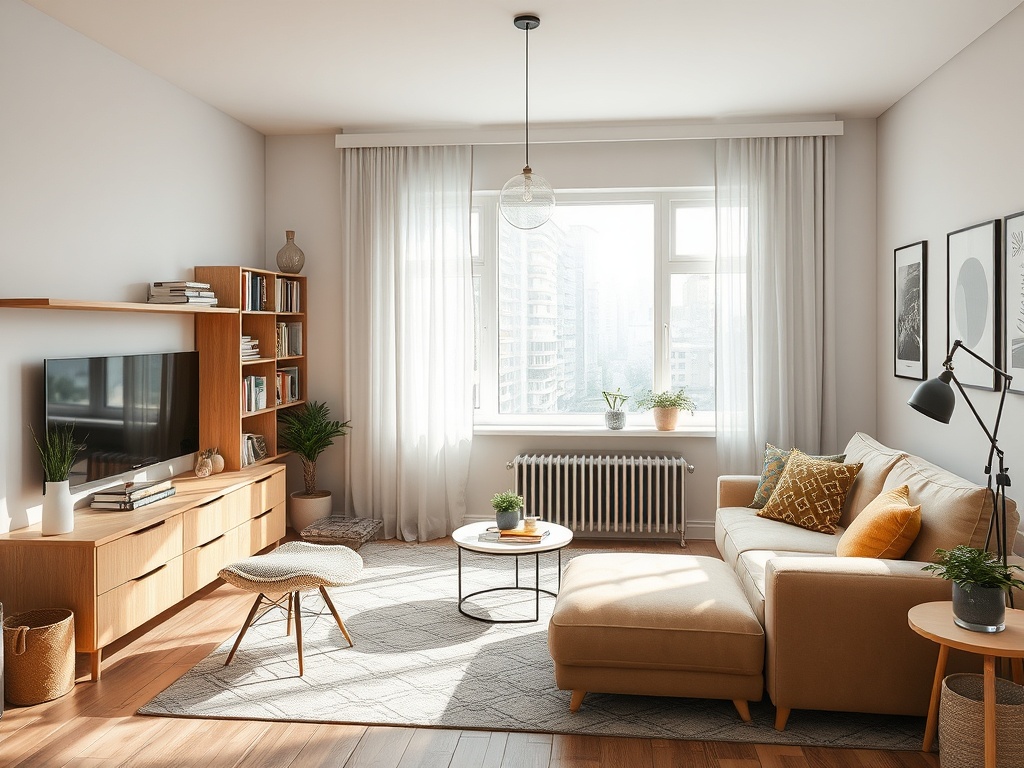 Современная гостиная с светлыми тонами, большим окном и уютной мебелью. Много света и зелени.