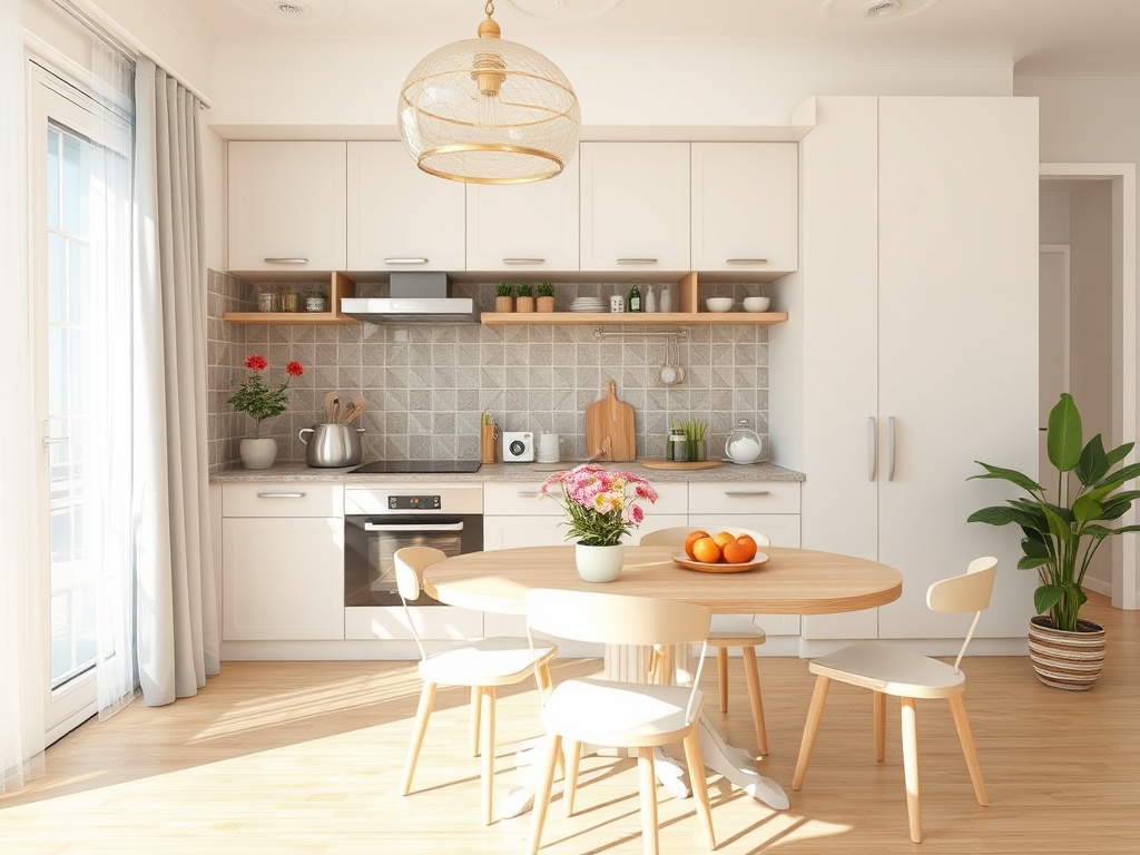 Светлая кухня с круглым столом, стульями и цветами, идеально подходит для уютных семейных ужинов.