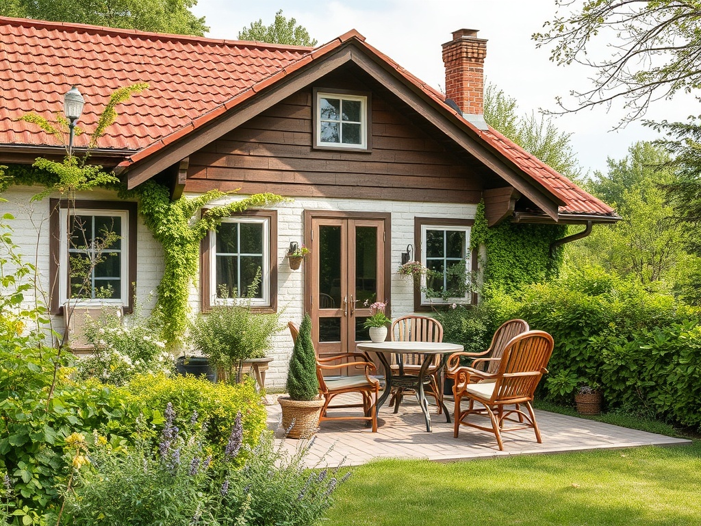 Красивая дача с крышей из черепицы, окруженная зеленью и террасой с мебелью для отдыха.