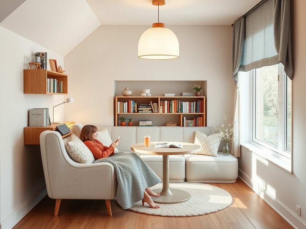 Уютная гостиная с девушкой на диване, читающей книгу и наслаждающейся теплым светом от лампы.