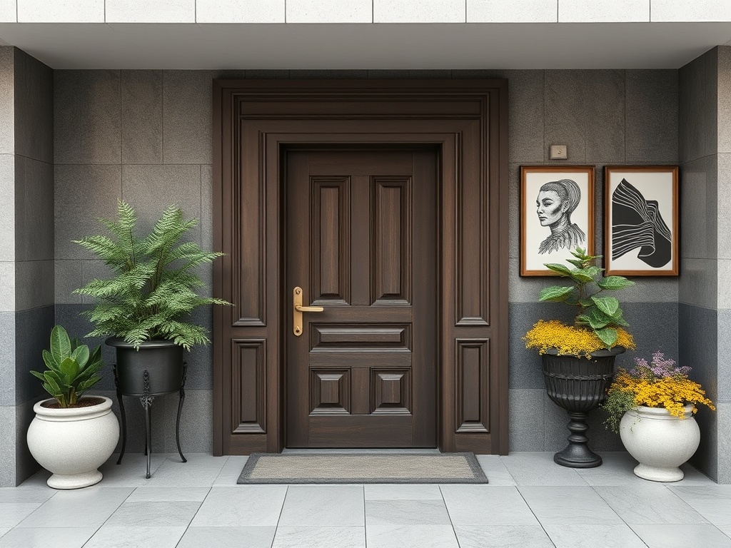 Дверь коричневого цвета с растениями и картинами рядом, украшает вход в современное здание.