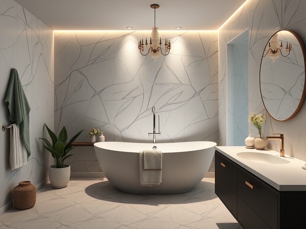 Элегантная ванная комната с круглой ванной, раковиной и современным освещением, украшенная растениями.